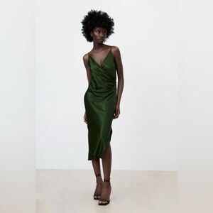 Zara Satin Draped Midi Dress Forest Green Blogger Fave Event Dress